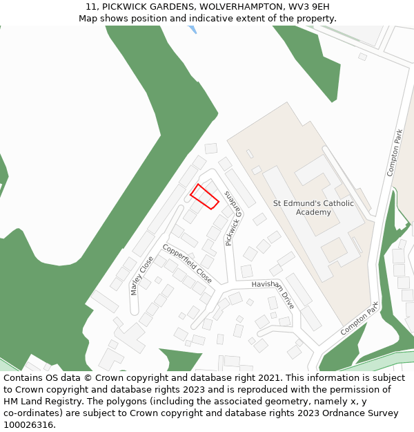 11, PICKWICK GARDENS, WOLVERHAMPTON, WV3 9EH: Location map and indicative extent of plot