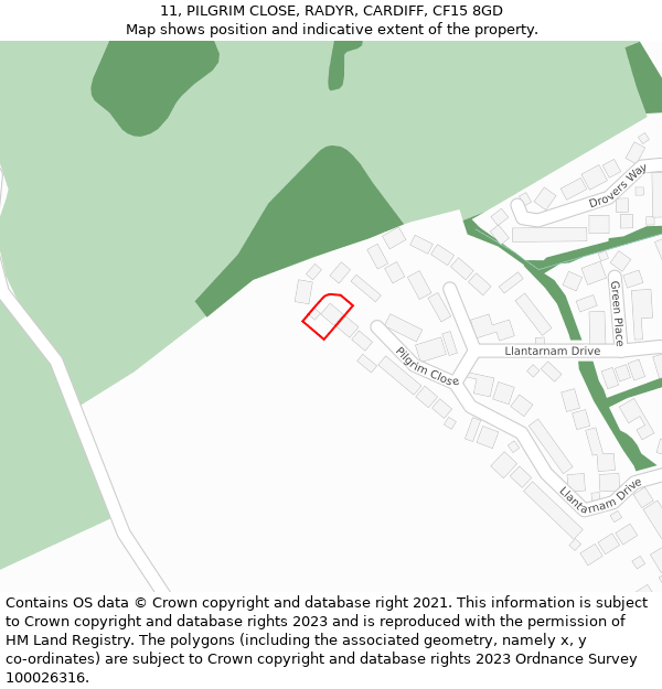 11, PILGRIM CLOSE, RADYR, CARDIFF, CF15 8GD: Location map and indicative extent of plot