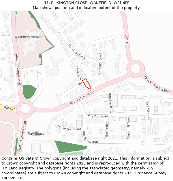 11, PILKINGTON CLOSE, WAKEFIELD, WF1 4FF: Location map and indicative extent of plot