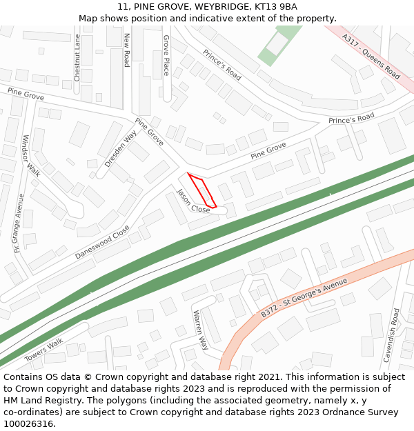 11, PINE GROVE, WEYBRIDGE, KT13 9BA: Location map and indicative extent of plot