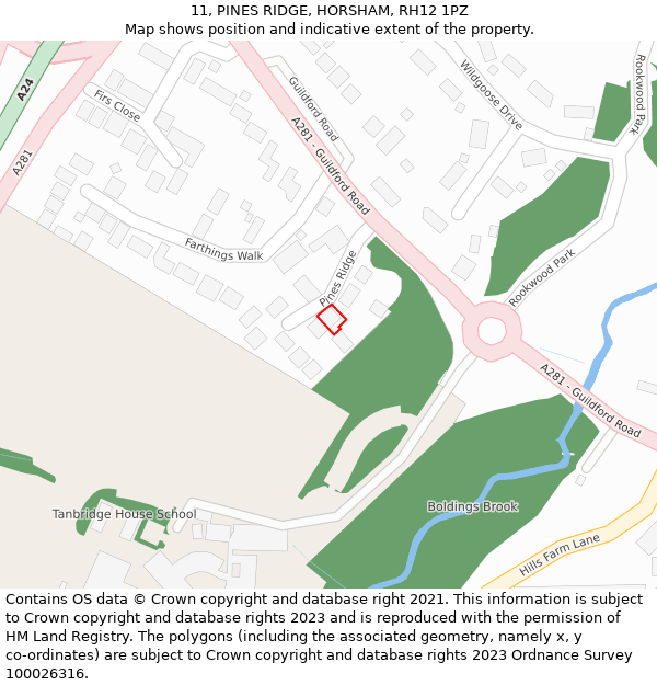 11, PINES RIDGE, HORSHAM, RH12 1PZ: Location map and indicative extent of plot