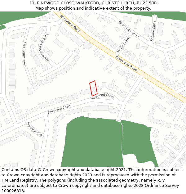 11, PINEWOOD CLOSE, WALKFORD, CHRISTCHURCH, BH23 5RR: Location map and indicative extent of plot