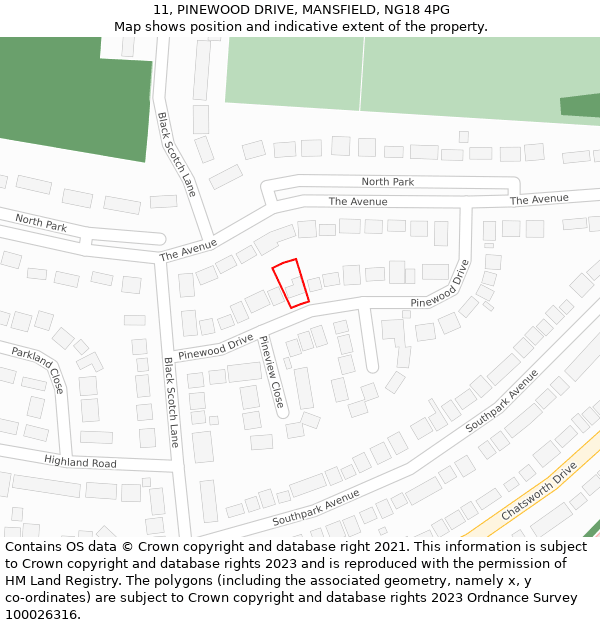 11, PINEWOOD DRIVE, MANSFIELD, NG18 4PG: Location map and indicative extent of plot