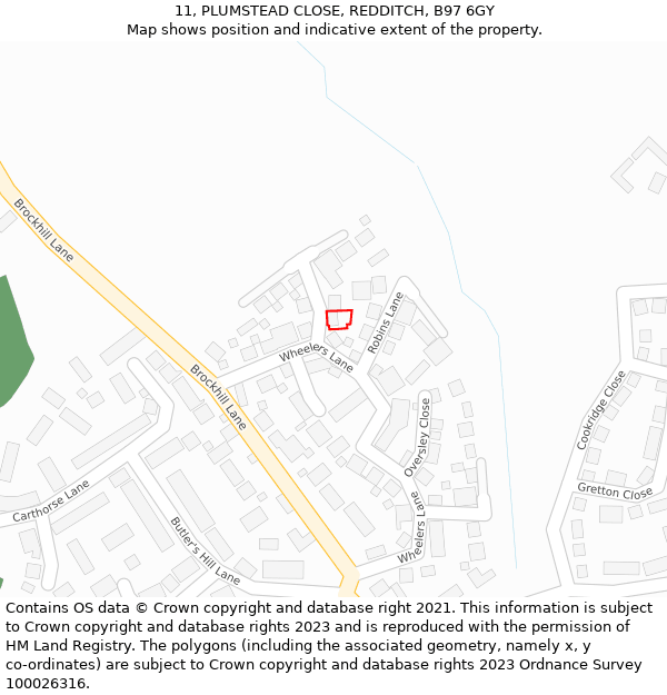 11, PLUMSTEAD CLOSE, REDDITCH, B97 6GY: Location map and indicative extent of plot