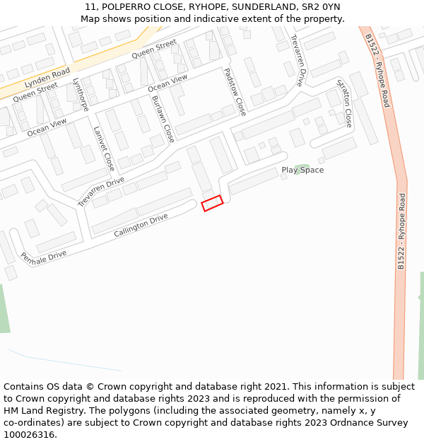 11, POLPERRO CLOSE, RYHOPE, SUNDERLAND, SR2 0YN: Location map and indicative extent of plot