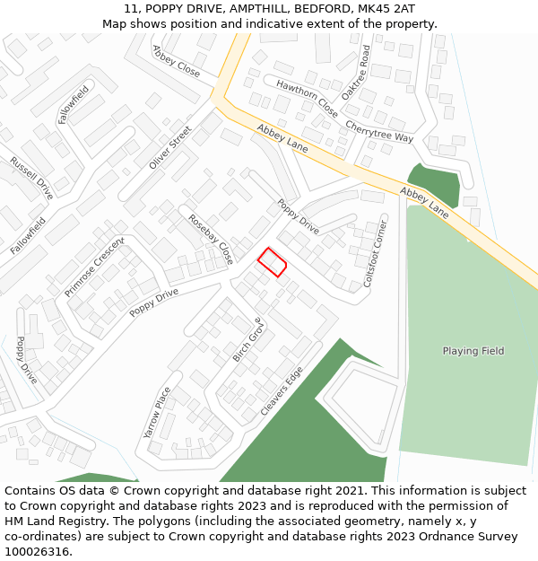 11, POPPY DRIVE, AMPTHILL, BEDFORD, MK45 2AT: Location map and indicative extent of plot