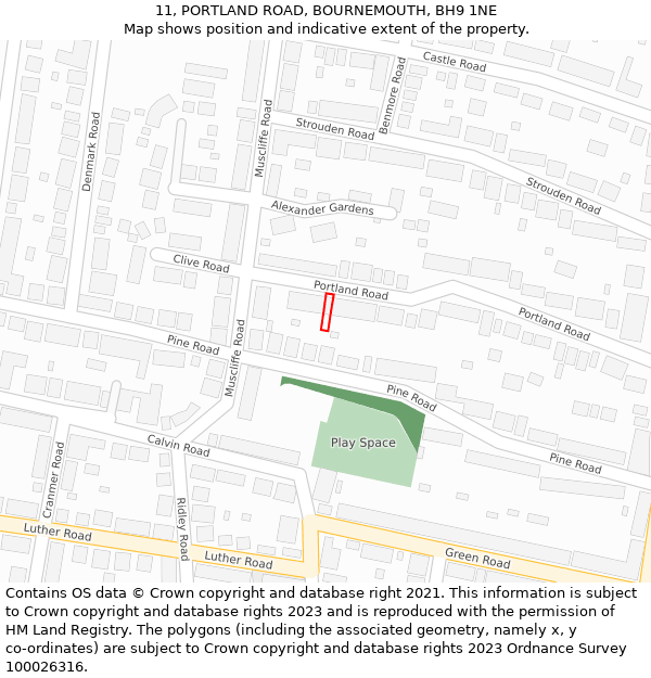 11, PORTLAND ROAD, BOURNEMOUTH, BH9 1NE: Location map and indicative extent of plot