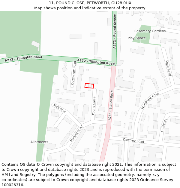 11, POUND CLOSE, PETWORTH, GU28 0HX: Location map and indicative extent of plot