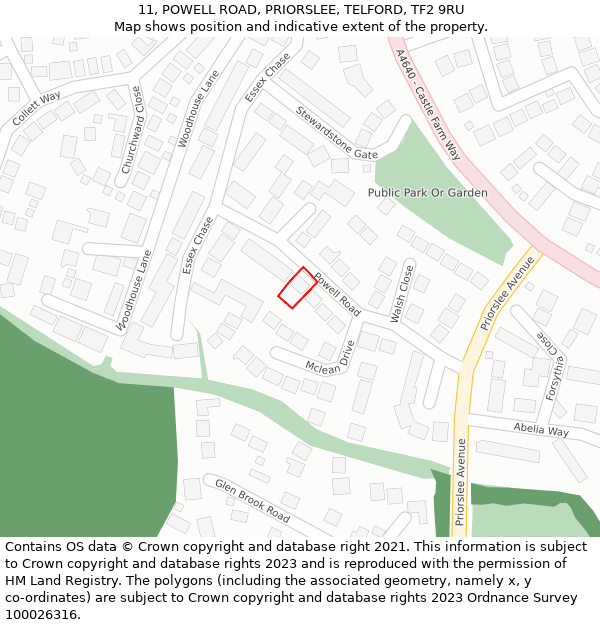 11, POWELL ROAD, PRIORSLEE, TELFORD, TF2 9RU: Location map and indicative extent of plot