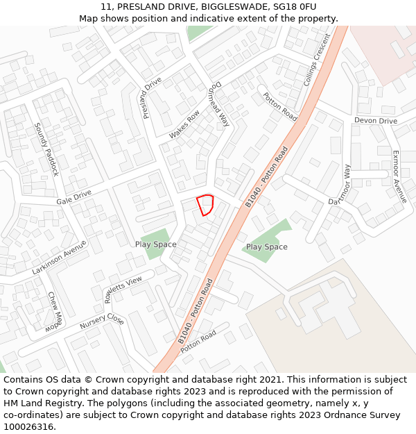 11, PRESLAND DRIVE, BIGGLESWADE, SG18 0FU: Location map and indicative extent of plot