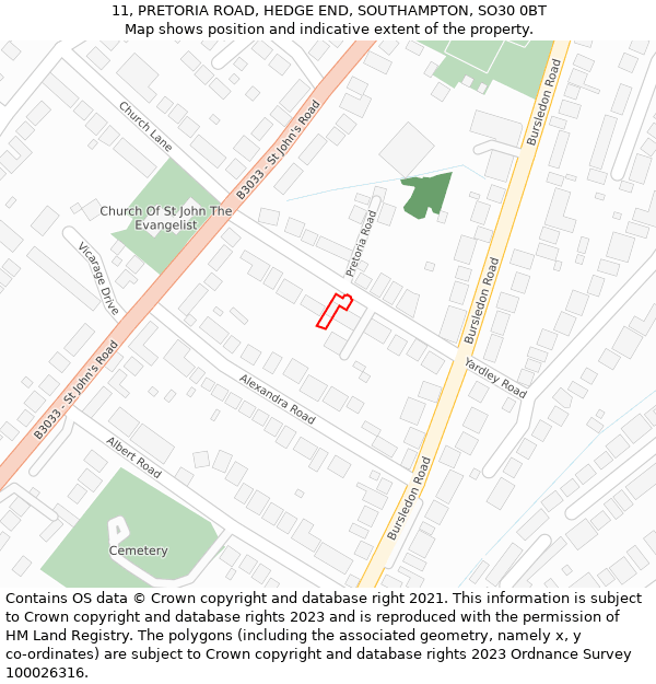 11, PRETORIA ROAD, HEDGE END, SOUTHAMPTON, SO30 0BT: Location map and indicative extent of plot