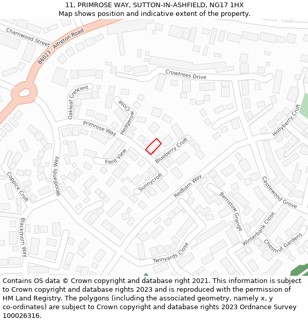 11, PRIMROSE WAY, SUTTON-IN-ASHFIELD, NG17 1HX: Location map and indicative extent of plot