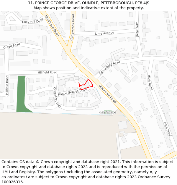 11, PRINCE GEORGE DRIVE, OUNDLE, PETERBOROUGH, PE8 4JS: Location map and indicative extent of plot