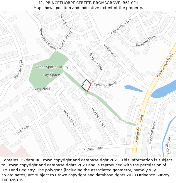 11, PRINCETHORPE STREET, BROMSGROVE, B61 0FH: Location map and indicative extent of plot