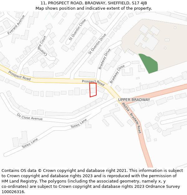 11, PROSPECT ROAD, BRADWAY, SHEFFIELD, S17 4JB: Location map and indicative extent of plot