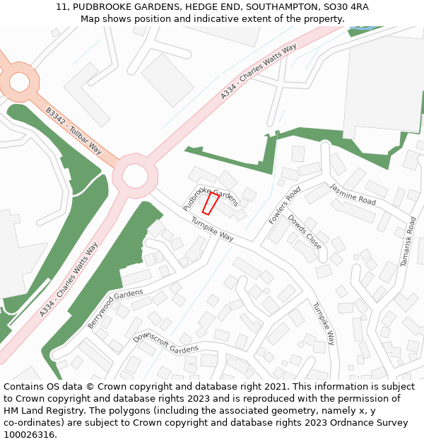 11, PUDBROOKE GARDENS, HEDGE END, SOUTHAMPTON, SO30 4RA: Location map and indicative extent of plot