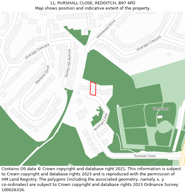 11, PURSHALL CLOSE, REDDITCH, B97 4PD: Location map and indicative extent of plot