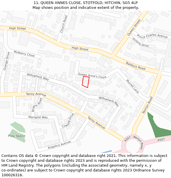 11, QUEEN ANNES CLOSE, STOTFOLD, HITCHIN, SG5 4LP: Location map and indicative extent of plot