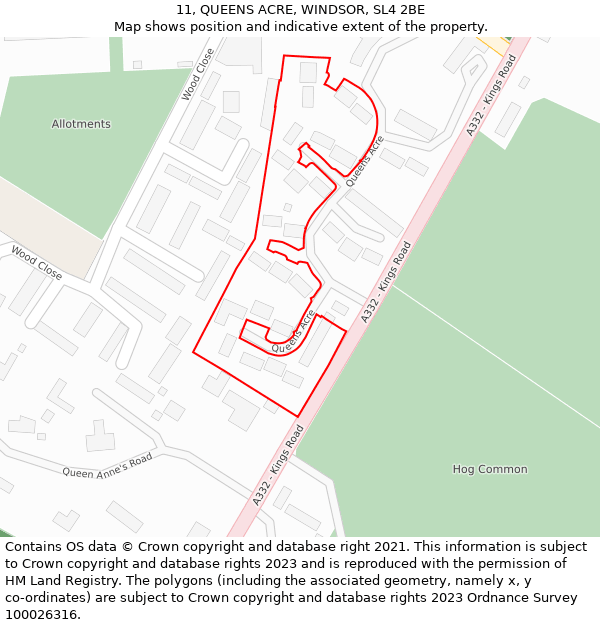 11, QUEENS ACRE, WINDSOR, SL4 2BE: Location map and indicative extent of plot