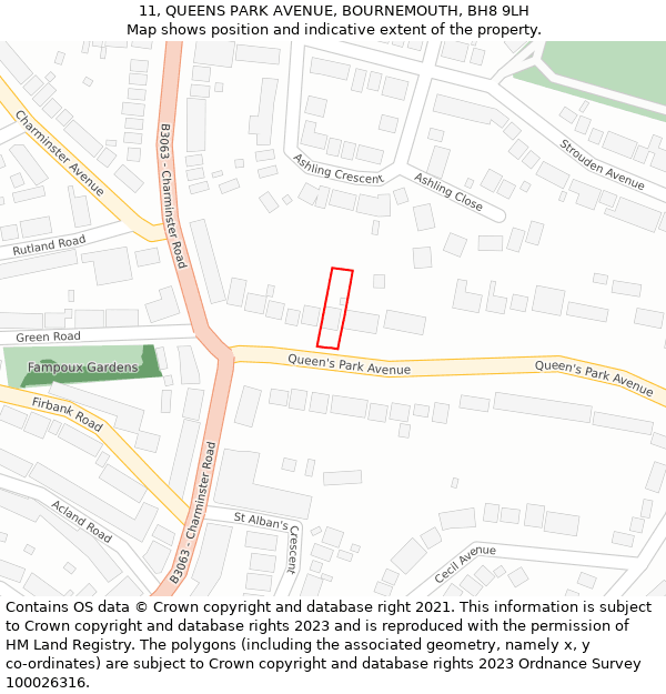 11, QUEENS PARK AVENUE, BOURNEMOUTH, BH8 9LH: Location map and indicative extent of plot