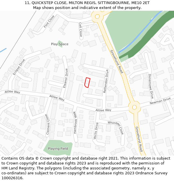 11, QUICKSTEP CLOSE, MILTON REGIS, SITTINGBOURNE, ME10 2ET: Location map and indicative extent of plot