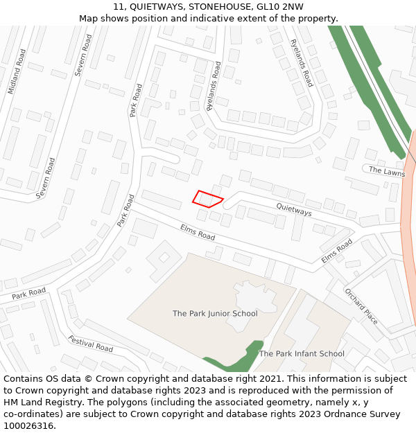 11, QUIETWAYS, STONEHOUSE, GL10 2NW: Location map and indicative extent of plot