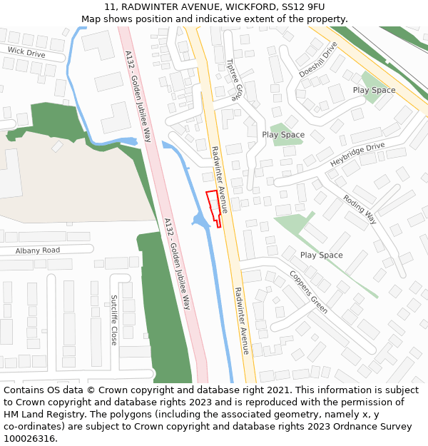 11, RADWINTER AVENUE, WICKFORD, SS12 9FU: Location map and indicative extent of plot