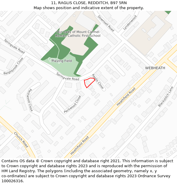 11, RAGLIS CLOSE, REDDITCH, B97 5RN: Location map and indicative extent of plot