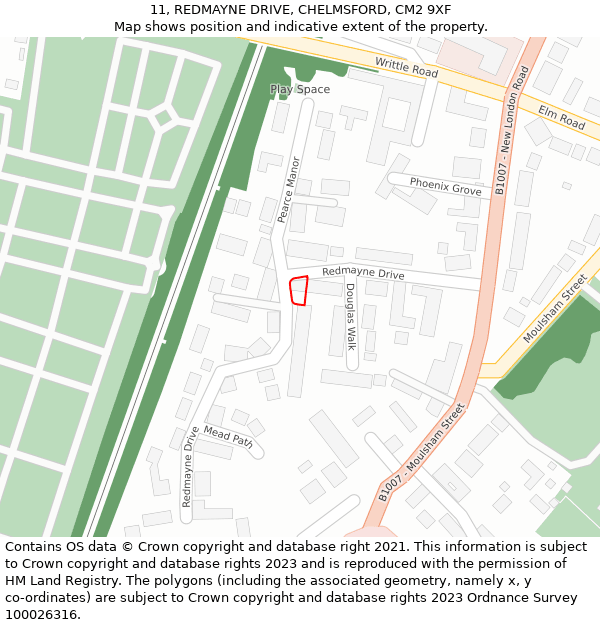 11, REDMAYNE DRIVE, CHELMSFORD, CM2 9XF: Location map and indicative extent of plot