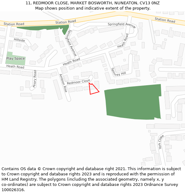 11, REDMOOR CLOSE, MARKET BOSWORTH, NUNEATON, CV13 0NZ: Location map and indicative extent of plot