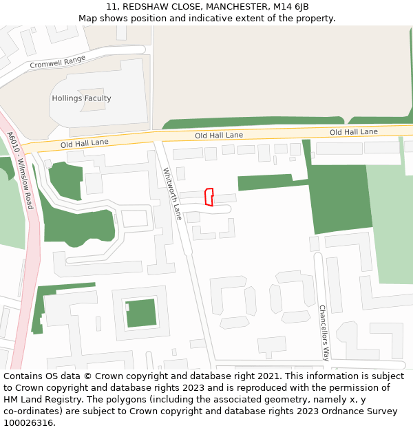 11, REDSHAW CLOSE, MANCHESTER, M14 6JB: Location map and indicative extent of plot