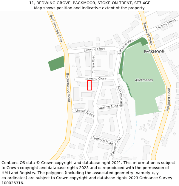 11, REDWING GROVE, PACKMOOR, STOKE-ON-TRENT, ST7 4GE: Location map and indicative extent of plot