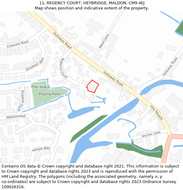 11, REGENCY COURT, HEYBRIDGE, MALDON, CM9 4EJ: Location map and indicative extent of plot