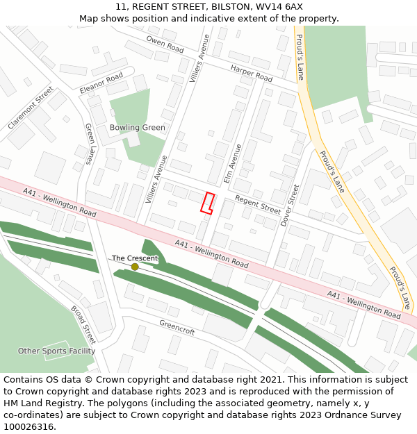 11, REGENT STREET, BILSTON, WV14 6AX: Location map and indicative extent of plot