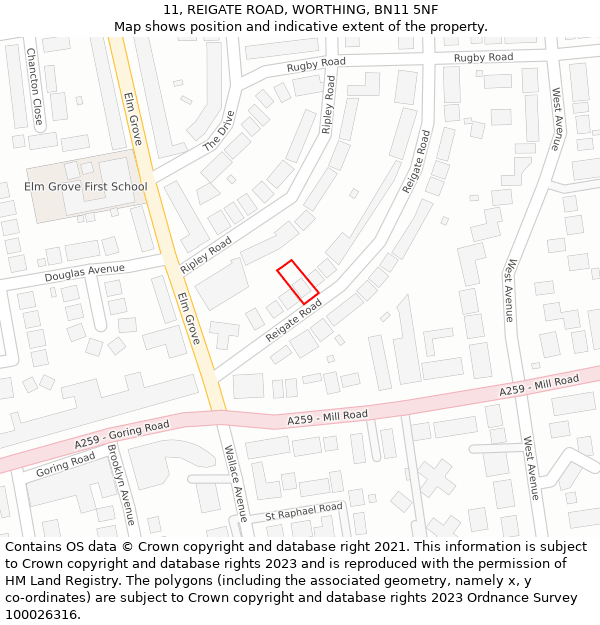 11, REIGATE ROAD, WORTHING, BN11 5NF: Location map and indicative extent of plot