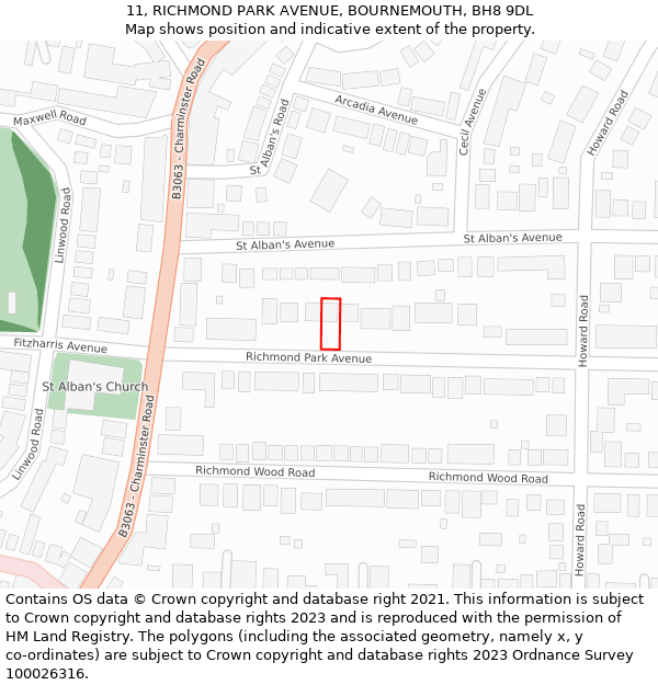 11, RICHMOND PARK AVENUE, BOURNEMOUTH, BH8 9DL: Location map and indicative extent of plot