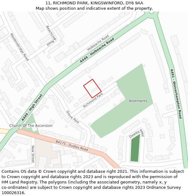 11, RICHMOND PARK, KINGSWINFORD, DY6 9AA: Location map and indicative extent of plot
