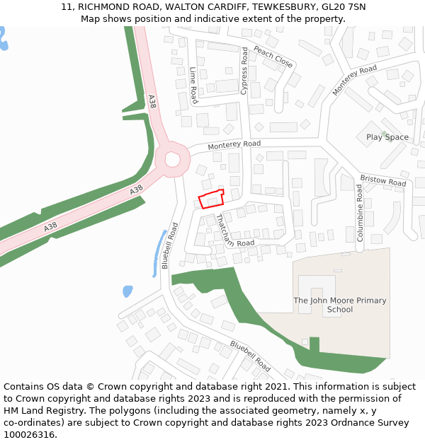 11, RICHMOND ROAD, WALTON CARDIFF, TEWKESBURY, GL20 7SN: Location map and indicative extent of plot