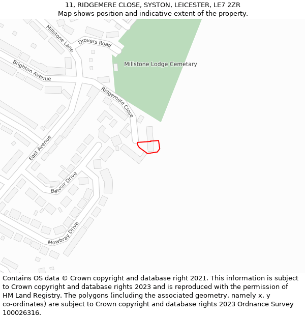 11, RIDGEMERE CLOSE, SYSTON, LEICESTER, LE7 2ZR: Location map and indicative extent of plot