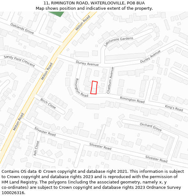 11, RIMINGTON ROAD, WATERLOOVILLE, PO8 8UA: Location map and indicative extent of plot