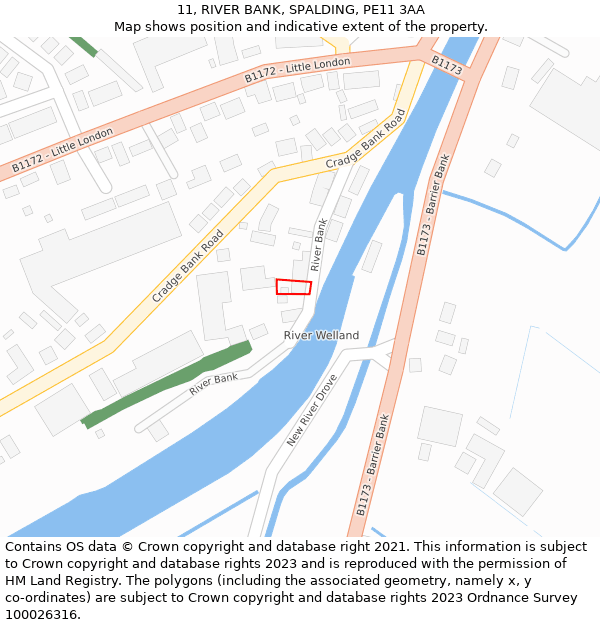 11, RIVER BANK, SPALDING, PE11 3AA: Location map and indicative extent of plot