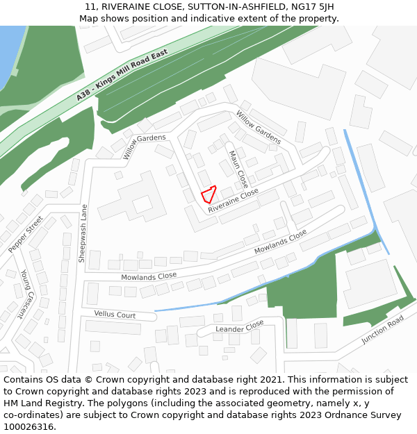 11, RIVERAINE CLOSE, SUTTON-IN-ASHFIELD, NG17 5JH: Location map and indicative extent of plot