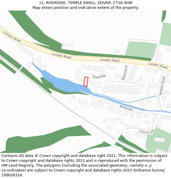 11, RIVERSIDE, TEMPLE EWELL, DOVER, CT16 3HW: Location map and indicative extent of plot