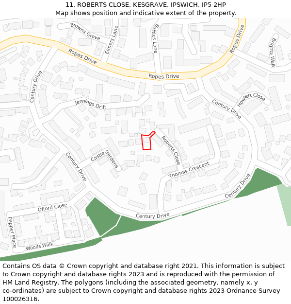 11, ROBERTS CLOSE, KESGRAVE, IPSWICH, IP5 2HP: Location map and indicative extent of plot