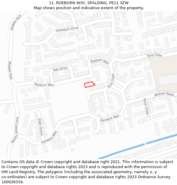 11, ROEBURN WAY, SPALDING, PE11 3ZW: Location map and indicative extent of plot