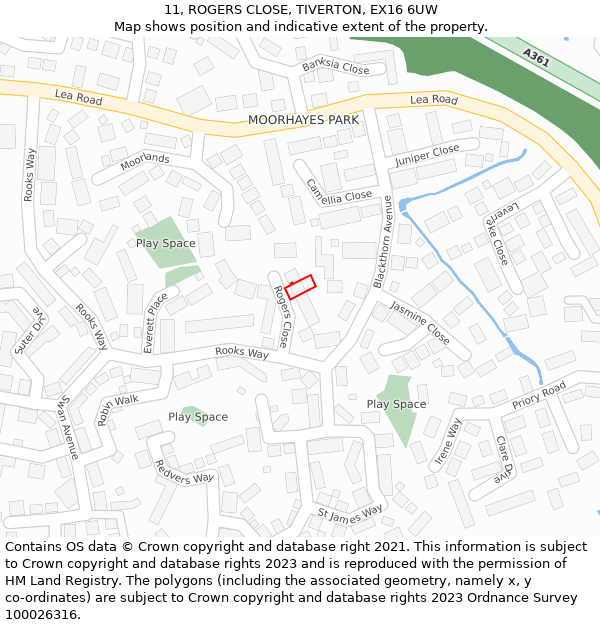 11, ROGERS CLOSE, TIVERTON, EX16 6UW: Location map and indicative extent of plot