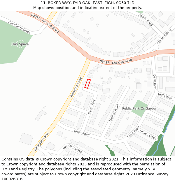 11, ROKER WAY, FAIR OAK, EASTLEIGH, SO50 7LD: Location map and indicative extent of plot