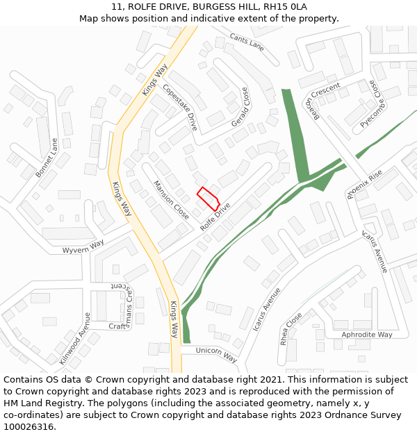 11, ROLFE DRIVE, BURGESS HILL, RH15 0LA: Location map and indicative extent of plot