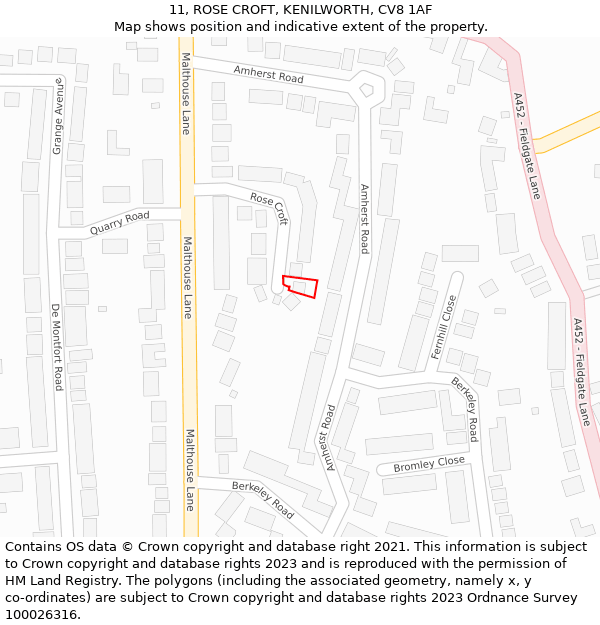11, ROSE CROFT, KENILWORTH, CV8 1AF: Location map and indicative extent of plot