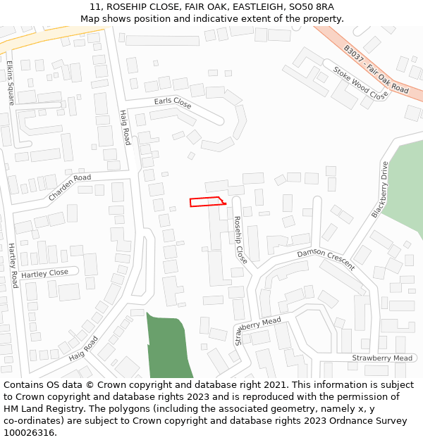 11, ROSEHIP CLOSE, FAIR OAK, EASTLEIGH, SO50 8RA: Location map and indicative extent of plot